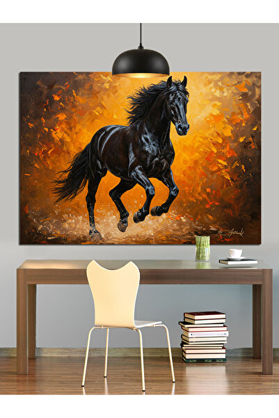 KanvasSepeti Cai negru care alergă Pictură în ulei decorativă puternică, texturată, de înaltă calitate, pe pânză, 120 x 60 cm