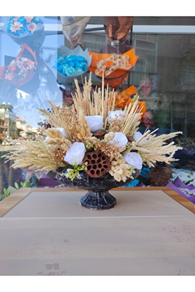 ilksem çiçekçilik Lüks Siyah Saksıda Yapay Beyaz Gül ve Doğal Kuru Çiçek Buke...