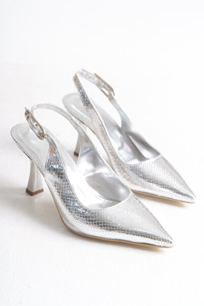 LEVONYA Women's Silver Pointed Toe Snake Pattern Heeled Shoes