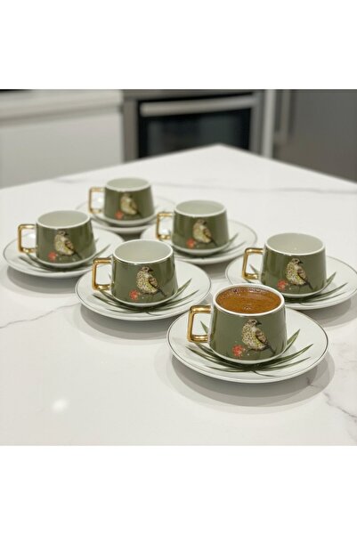 FAIR HOME Green Birdy Porcelain Cup Set for 6 People with Bird Figures