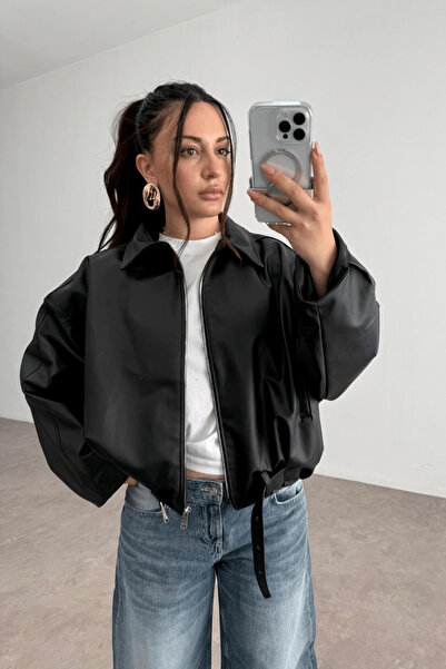 POP STORY Kadın Oversize Bomber Premium Deri Ceket Kemerli