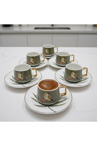 FAIR HOME Green Birdy Porcelain Cup Set for 6 People with Bird Figures