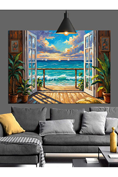 Artmeg Deniz Manzaralı Açık Pencere Retro Dekoratif Kanvas - Mdf Ahşap Tablo