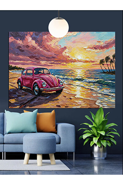 Artmeg Pânză decorativă Pink Car Sunset Beach - Tablou din lemn MDF