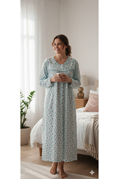 5.MEVSİM Mother's Nightgown, Long Sleeve Mother's Nightgown with Lilac Rose Pattern and Wool Inside