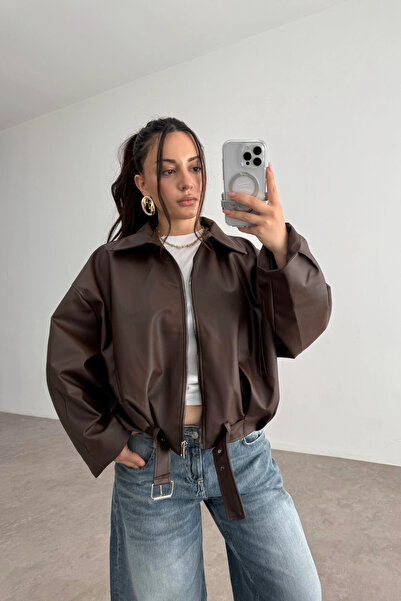POP STORY Kadın Oversize Bomber Premium Deri Ceket Kemerli