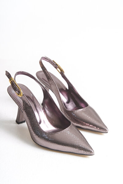 LEVONYA Women's Gray Metallic Pointed Toe Snake Pattern Heeled Shoes