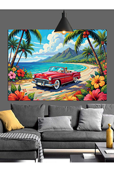 Artmeg Pânză decorativă Red Car Palm Beach - Masă din lemn MDF