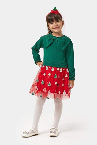 Magu Girl's Cotton Green Bow Long Sleeve Red Tree Patterned Tulle Dress - New Year Concept