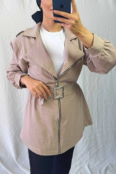 Asya Karen Drawstring Waist Zippered Front Belted Trench Coat