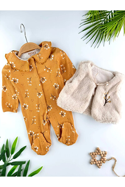 Minizade Plush Fur Vest Set 100% Cotton Corded Fabric Stretchy Fabric Baby Girl Romper Set