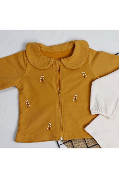 bebegci 3-Piece Baby Girl Set with Floral Detailed Jacket and T-Shirt