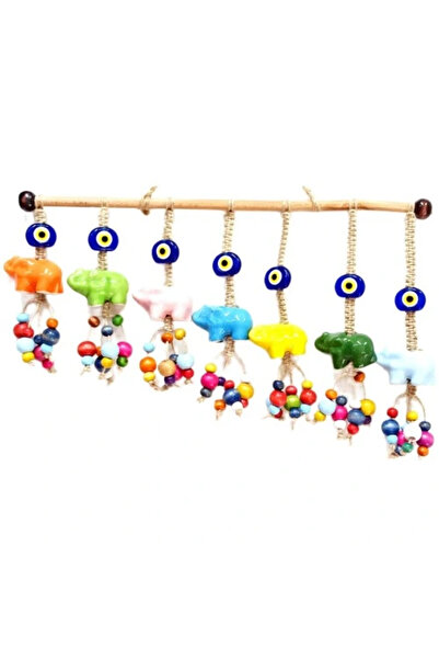 Genel Markalar Trend Seramik Yedi Adet Filli Nazar Boncuklu Rengarenk Tahta B...