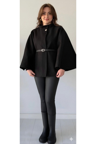 Melff Women's Silver Button Detailed Belted Cape Poncho
