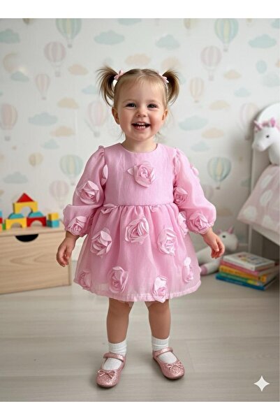BİLGEN Style فستان بناتي مزين بالورود بأكمام طويلة وتفاصيل وردية لحفلات أعياد...