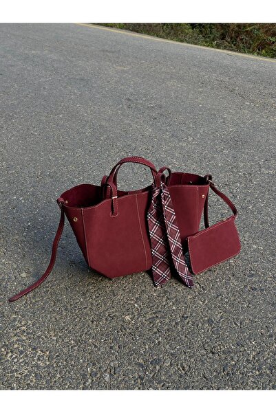 na nura collection Geantă de mână și de umăr din piele intoarsa Burgundy Polen