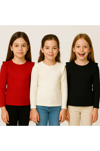 özge başaran Girl's Baby Girl 3-Piece Long Sleeve Ribbed Bodysuit Set 3-Piece Bodysuit Set Ruffle Detail 100% Cotton