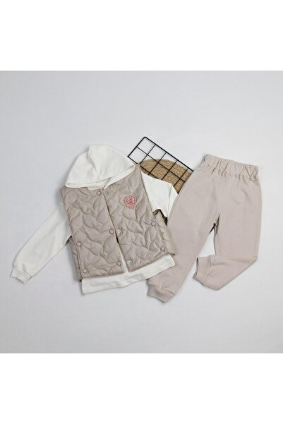 bebegci Print Detailed Sweatshirt Vest Set 3-Piece Baby Girl Set with Sweatpants