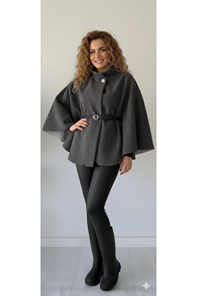 Melff Women's Silver Button Detailed Belted Cape Poncho