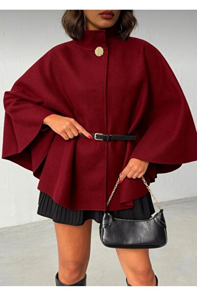 KEVRA Gold Düğme Detaylı Deri Kemerli Panço