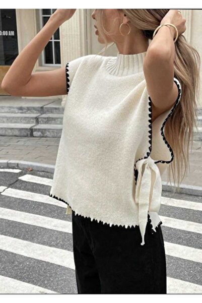 Azra Moda Style Sleeveless Embroidery Detail Tie-Up Ecru Cardigan Women