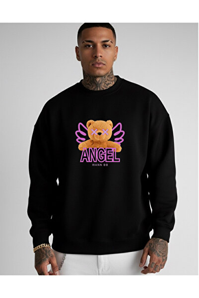 LORVEX Swea tricou Oversize Unisex Negru cu guler rotund ANGEL WANN BB Imprimat