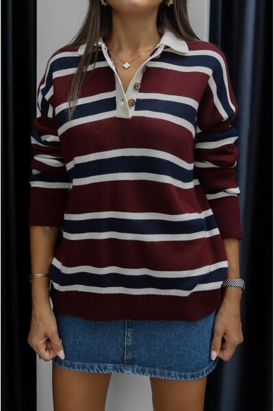 Jose Clothing Women's Black Polo Collar Long Sleeve Knitwear Sweatshirt