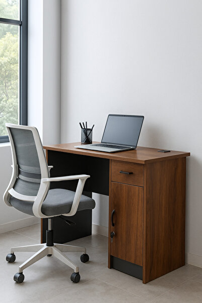 MARIA HOMES مكتب خشبي داكن 120×60×75 سم – طاولة عمل مدمجة مع خزانة تخزين ودرج قابل للقفل