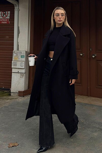 Swist Siyah Kruvaze Kol Manşetli Kuşaklı Astarlı Uzun Kadın Midi Kaşe Kaban