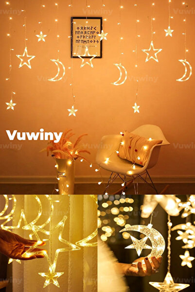 Vuwiny Led Işıklı 8 Modlu Gün Işığı Dekoratif Saçaklı Yıldız Hilal Perde Led