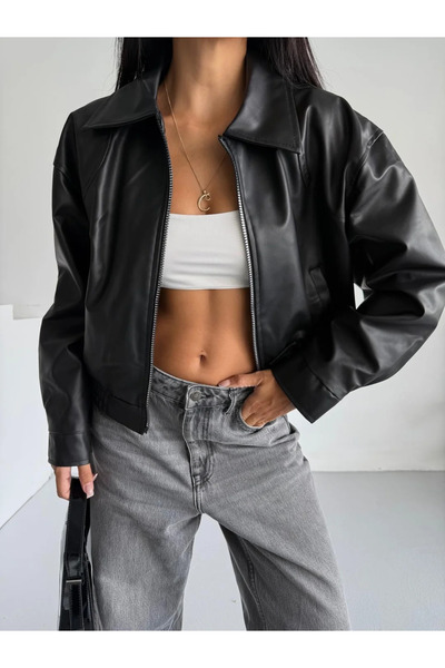 COJIKO Women's Bomber Leather Jacket with Elastic Waist