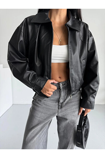 COJIKO Damen-Bomberjacke aus Leder mit elastischem Bund