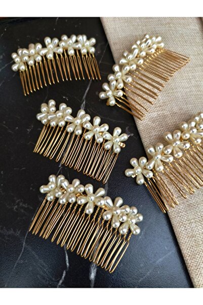 GÜLPEŞE White Pearl Flower Gold Metal Comb Hair Clip 2 Pack