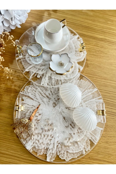RESİNARTSHOP Epoksi Nişan Tepsi Seti Çiçek Desen Gold 30 cm