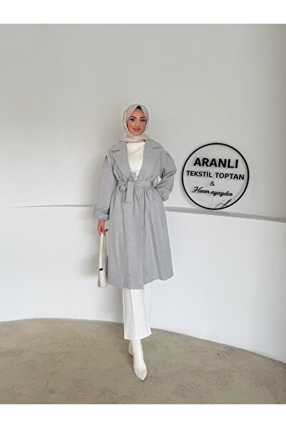 Aranlı tekstil Belted Balloon Sleeve Basic Hijab Coat / Medium Length Women's Hijab Coat