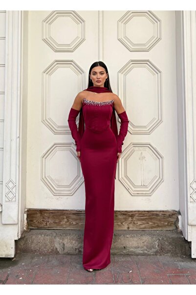 Larenmoda Korse detay kollu ve şal yaka kalem abiye