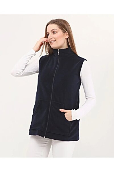 Taşoğlu Collection Collared Zippered Navy Blue Fleece Vest