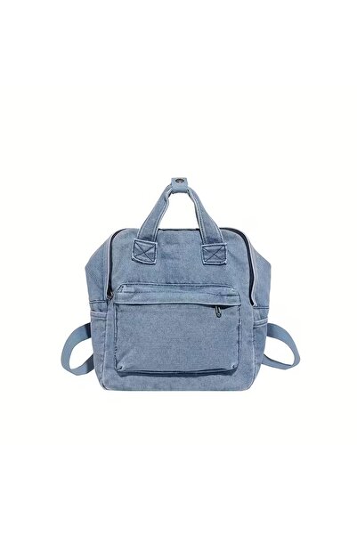 İLKYAZ Front Pocket Zipper Closure Medium Size Denim Blue Women's Backpack 22X12X22