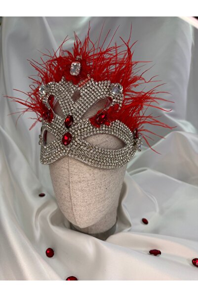 Tasarım Taşlı Tüylü Maske Parti Maskesi-Balo Aksesuar-Kına Maske-After Party ...