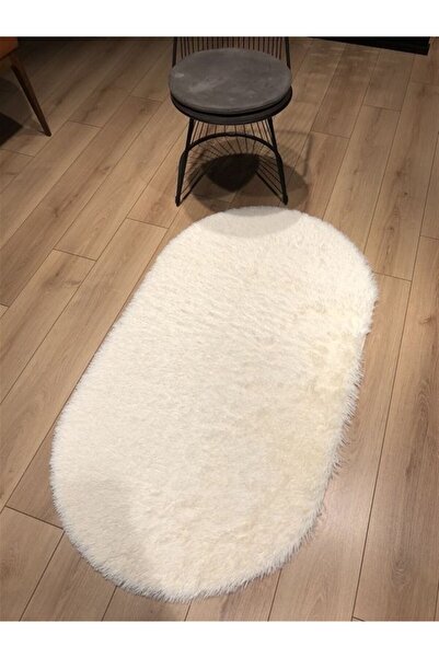Halımax Tavşan Tüyü Kaymaz Tabanlı Krem Oval Dekoratif Post Peluş Halı Yatak Odası Koridor Halısı