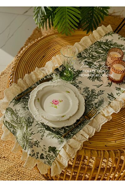 HOME OF BLOSSOM 40*120cm Yeşil Toile De Jouy Runner