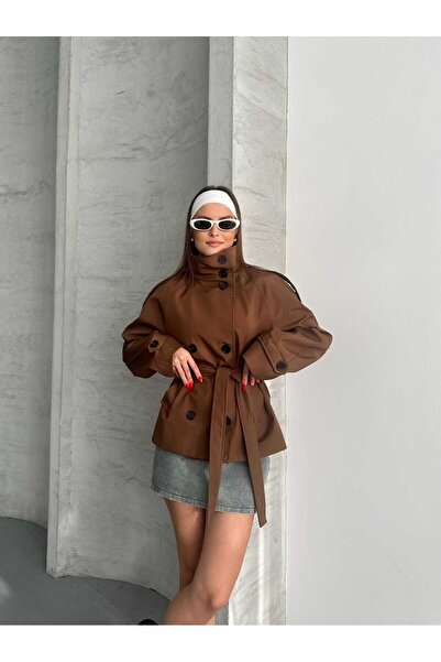 asyadabutik Kadın Dik Yaka Kısa Trençkot