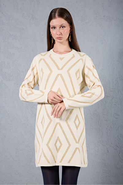 Moda Days Women's Ecru Yan Slit Crew Neck Glitter Patterned Knitwear Blouse