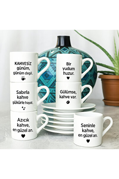 D&Y GAUDERY Kahve Sözleri Yazılı 6’lı Porselen Kahve Fincan Takımı – Eğlenceli ve Şık Hediye Seti
