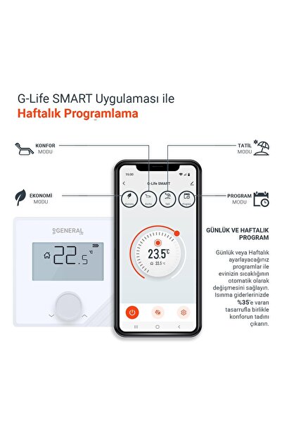 GENERAL Life Mitra HT25S RF Smart Kablosuz Wi-fi Akıllı Oda Termostatı - Beyaz