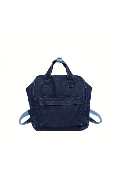 İLKYAZ Front Pocket Zipper Closure Medium Size Denim Navy Blue Women's Backpack 22X12X22