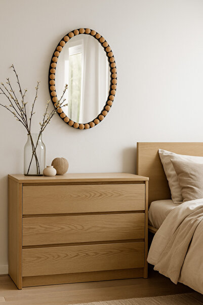 MARIA HOMES Oval Decorative Wall Mirror with Wooden Bead Frame Natural & Black 60×90 cm