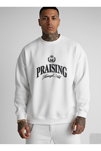 LORVEX Swea tricou Oversize Unisex Alb cu decolteu tip crew, imprimat PRAISING