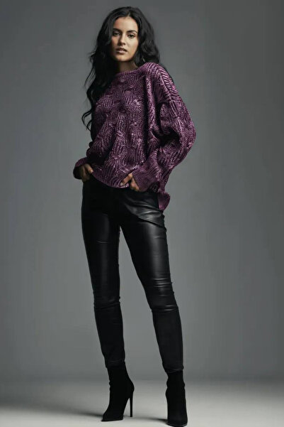 oshebu Kadın Kayık Yaka Varaklı Oversıze Triko Kazak