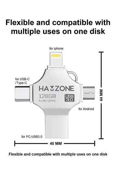 HAMZONE 4-in-1 USB Flash Drive, 128GB – Lightning, Type-C & USB